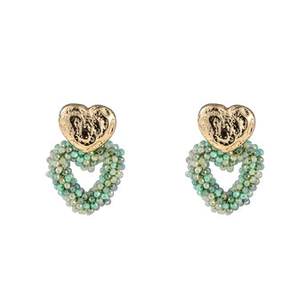 Oorbellen E4054-7 double heart beads green/goud - Day&amp;Eve