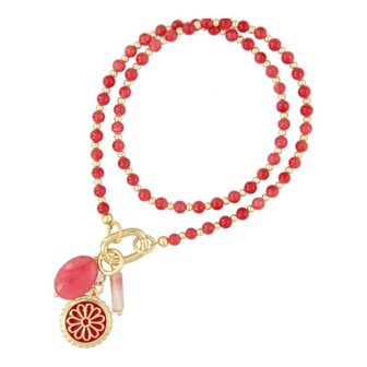 Ketting 4mm steenkralen rood met clip en bedels - Fushi