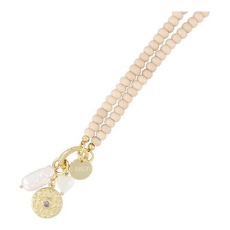 Ketting halfedelsteen donut smal beige met clip en bedels - Fushi