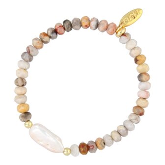 Armband halfedelsteen donut facet crazy agate met zoetwaterparel - Fushi