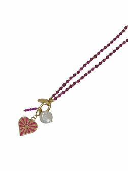 Ketting 4mm steenkralen fuchsia met clip en bedels FJ7705 - Fushi