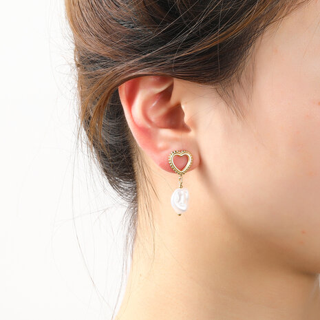 Oorbellen E4903-2 Heart top pearl earring goud - Day&Eve 