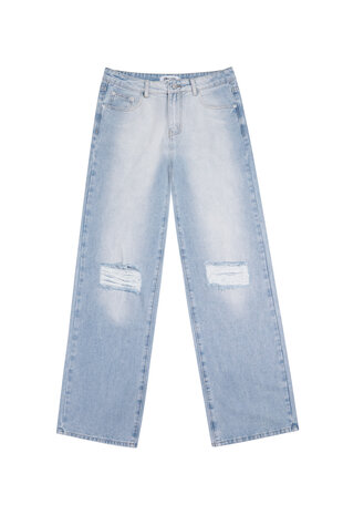 wide leg Jeans met gaten op de knie lichtblauw 